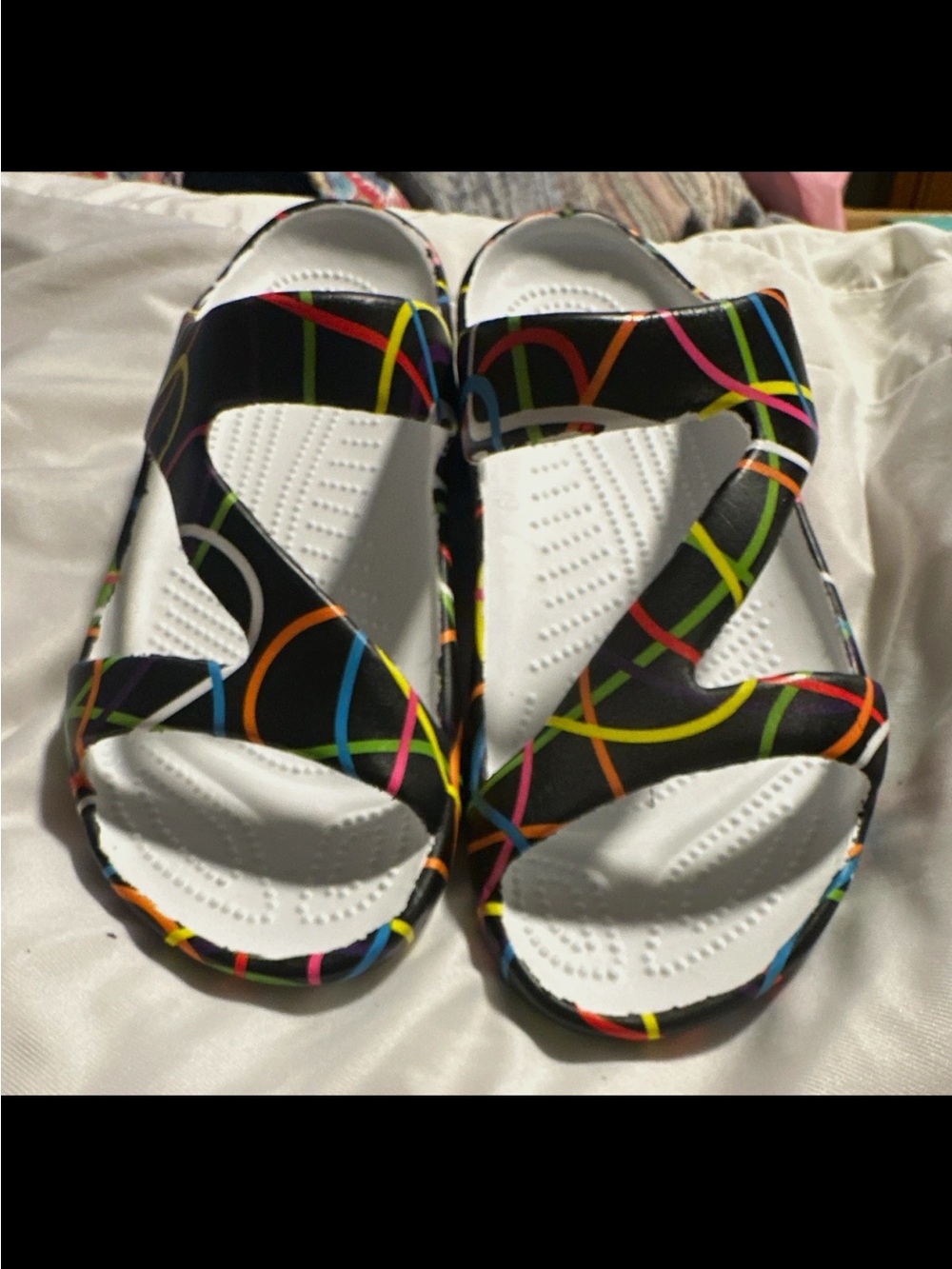 Dawgs Black Sandals with Multicolor Loop Print